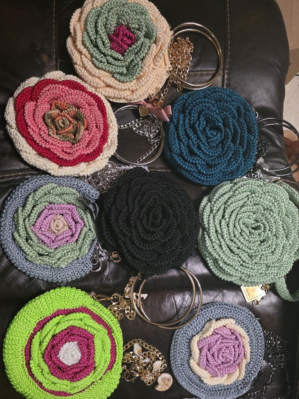 Handcrafted Crochet Rose Wristlet Bag - Black